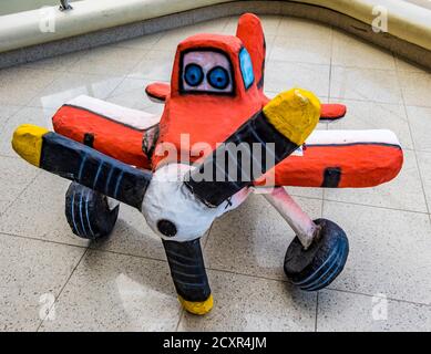 Salinas, Ecuador - December 31, 2015 - Paper mache airplane is ready to fly into the fire at midnight on New Years Eve Stock Photo