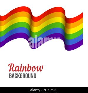 Waving Rainbow flag on white background. Rainbow LGBT flag vector poster or banner template. LGBTQ colors. Vector illustration. Wavy pattern. Stock Vector