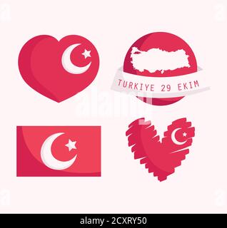 turkey republic day, set wold map heart and flag icons vector illustration Stock Vector