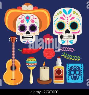 dia de los muertos celebration poster with skulls couple and instruments vector illustration design Stock Vector