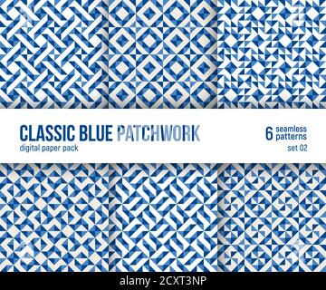 Digital paper pack, set of 6 abstract seamless patterns. Abstract geometric backgrounds. Vector illustration. Classic blue patchwork textures. Stock Vector