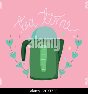 tea time, tea pot leaves nature decoration, kitchen ceramic drinkware, floral design cartoon vector illustration Stock Vector