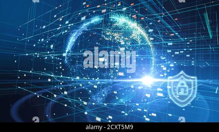 Digital Globe Cyber network with lens security icon.Abstract World Map Business Background save data concept.Modern digital  global connectivity with Stock Photo