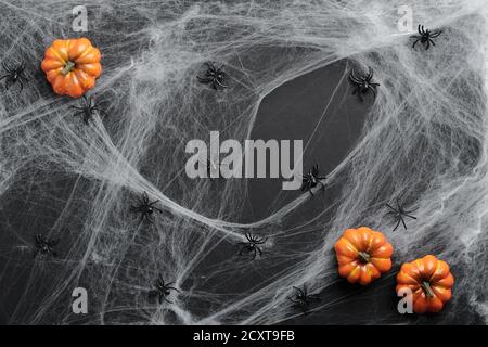 Halloween flat lay composition. Scary spider web, spiders, orange pumpkins on black background. Top view. Stock Photo