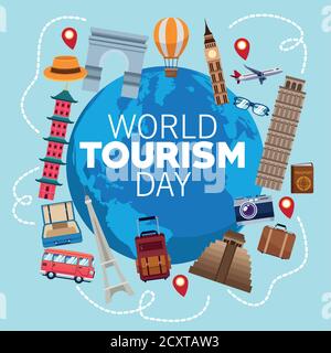 world tourism day lettering celebration with earth planet and set icons vector illustration design Stock Vector
