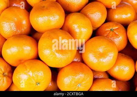 Isolated close-up view of a heap of ripe orange colored shiny mandarins Stock Photo