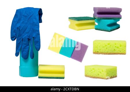 sponges, gloves and cleaning agent isolate on white background. cleaning products Stock Photo