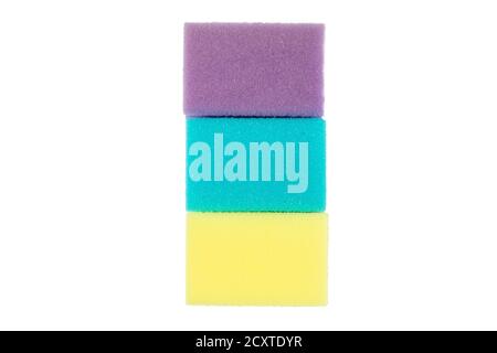 Multicolored sponges for cleaning, isolated on white background. Sponges for dishwashing Stock Photo