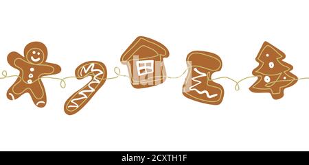 Gingerbread cookies christmas border. One continuous line drawing of baked ginger bread man, tree, house, sock. Line art background, border Stock Vector