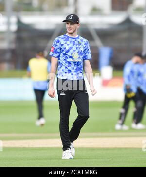 Hove UK 1st October 2020 - George Garton of Sussex Sharks during  the Vitality Blast T20 quarter final cricket match between Sussex Sharks and Lancashire Lightning taking place behind closed doors at The 1st Central County Ground in Hove : Credit Simon Dack / Alamy Live News Stock Photo