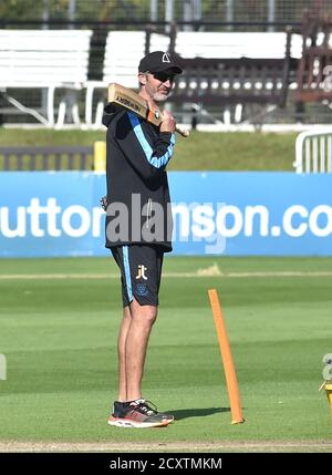 Hove UK 1st October 2020 -  Sussex coach Jason Gillespie at the Vitality Blast T20 quarter final cricket match between Sussex Sharks and Lancashire Lightning taking place behind closed doors at The 1st Central County Ground in Hove : Credit Simon Dack / Alamy Live News Stock Photo