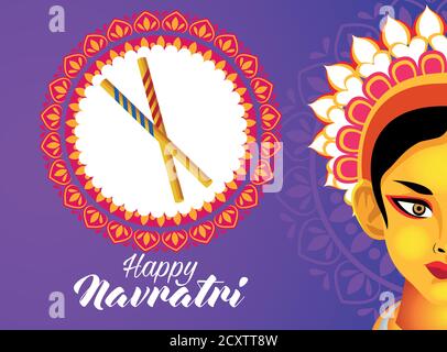 happy navratri celebration with goddess amba and sticks vector illustration design Stock Vector