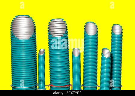 Polypropylene pipes of different diameters for use in water supply and air conditioning enterprises. The image is isolated on a yellow background. Stock Photo