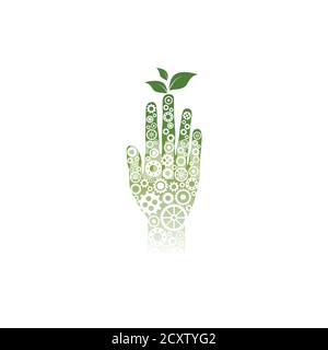 Green Human hand made of little white gears and wheels. Three tender leaves grow on finger. Isolated on White. Eco friendly technology icon. Go green. Stock Vector