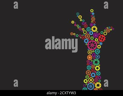Mechanical robot hand made of bright colorful gears. Isolated on black background. Creative technology icon. New technology. Team work. Vector illustr Stock Vector