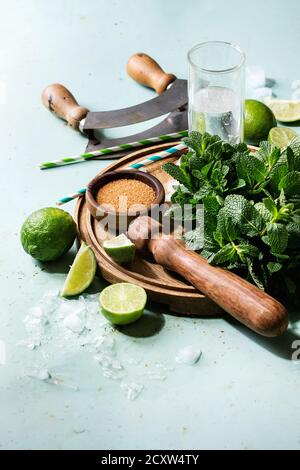 Ingredients for making mojito cocktail. Bundle of fresh mint, whole and sliced limes, brown sugar, crashed ice cubes, glass of soda water, cocktail tu Stock Photo