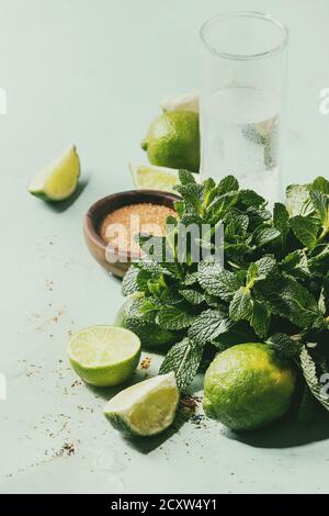 Ingredients for making mojito cocktail. Bundle of fresh mint, whole and sliced limes, brown sugar, crashed ice cubes, glass of soda water, cocktail tu Stock Photo