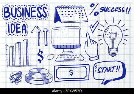 Business Idea doodles icons set. Vector illustration. isolated on white background. Stock Vector
