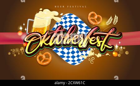 Oktoberfest beer festival, banner and poster template with Oktoberfest calligraphy hand lettering and beer. beer festival in German Stock Vector