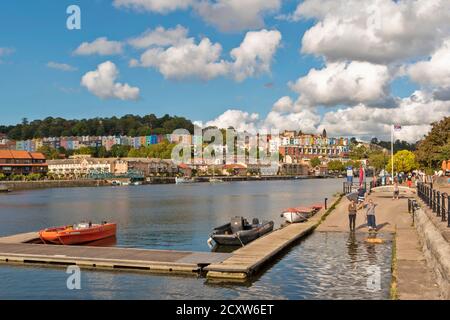BRISTOL CITY ENGLAND HOTWELLS DOCKS VIEW OF SKYLINE OF COLOURED HOUSES FROM COTTAGE LANDING Stock Photo