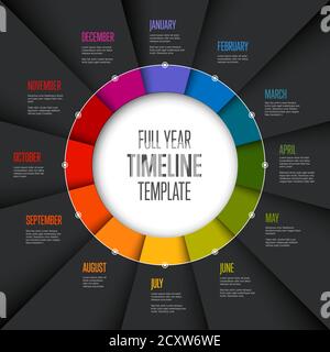 Full year timeline template with all months on circle folded rainbow papers - dark version Stock Vector