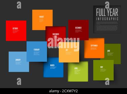 Full year timeline template with all months in random square mosaic - dark version Stock Vector