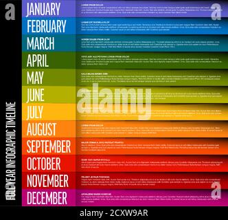 Full year timeline template with all months each on colorful line with shadow and content text Stock Vector