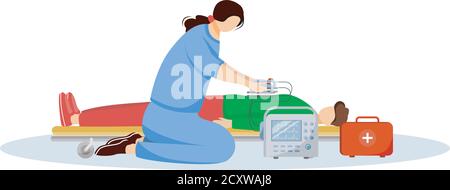 Emergency doctor giving first aid with defibrillator flat illustration Stock Vector