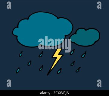 Colored Hand drawn doodle rainy clouds with drops. Vector illustration isolated on white. Simple black line, childish style Stock Vector