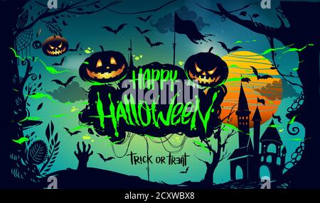 Happy Halloween Poster, night background with creepy pumpkins, illustration. vector elements for banner, greeting card Halloween celebration. Stock Vector