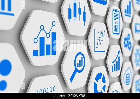Business analytics and data science concept with graph and chart icons on 3D hexagonal grid, abstract illustration of KPI, metrics, information dashbo Stock Photo