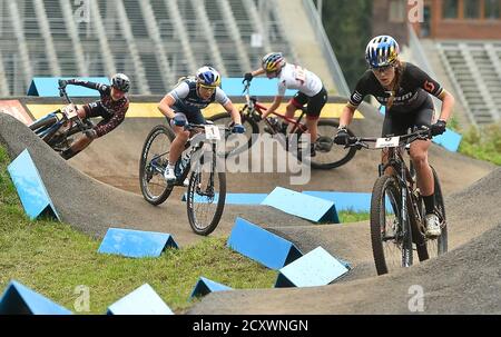 Nove Mesto na Morave, Czech Republic. 1st Oct 2020. (L-R) Sina Frei of Switzerland, Evie Richards of Britain, Laura Stigger of Austria and Kate Courtney of USA compete during the Elite category of the women's cross country mountain bikes race in Nove Mesto na Morave, Czech Republic, October 1, 2020. (CTK Photo/Lubos Pavlicek) Credit: CTK/Alamy Live News Stock Photo