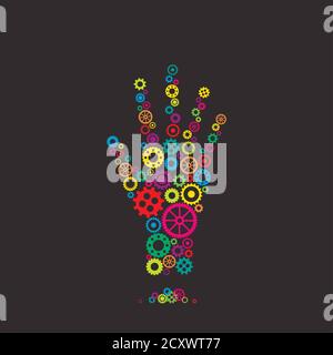 Mechanical robot hand made of bright colorful gears. Isolated on black background. Creative technology icon. New technology. Team work. Vector illustr Stock Vector