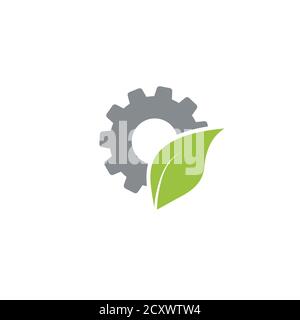 Mechanical gear and green leaves. Isolated on white background. Eco friendly technology icon. World Environment day label. Bio technology. Vector illu Stock Vector