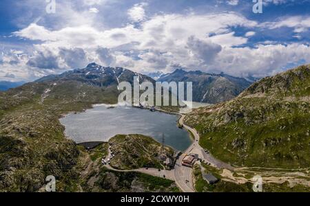 Aerial view of the lake at the top of the Grimsel pass between the cantons of Bern and Valais in the alps in Switzerland Stock Photo