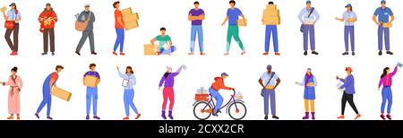 Post office male and female workers flat color vector illustrations set Stock Vector