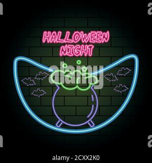halloween night neon light of cauldron vector illustration design Stock Vector
