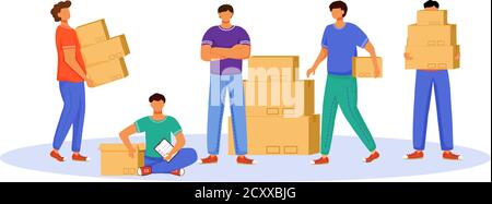 Post office male workers and loaders flat color vector illustration ...