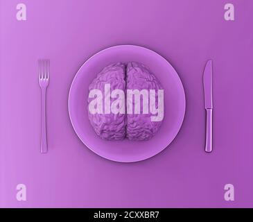 The human brain as food, abuse, love relationship or brainstorm concept. Human brain on a plate with a fork and a knife, 3d illustration Stock Photo