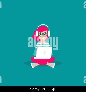 happy freelancer girl with earphones and laptop. creative hipster work or study. flat vector illustration turquoise background. outsourcer with comput Stock Vector