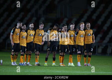Newport, UK. 30th Sep, 2020. Newport county players react during the penalty shootout. Carabao Cup EFL Cup round of 16 match, Newport county v Newcastle Utd at Rodney Parade in Newport, Wales on Wednesday 30th September 2020. this image may only be used for Editorial purposes. Editorial use only, license required for commercial use. No use in betting, games or a single club/league/player publications. pic by Andrew Orchard/Andrew Orchard sports photography/Alamy Live news Credit: Andrew Orchard sports photography/Alamy Live News Stock Photo