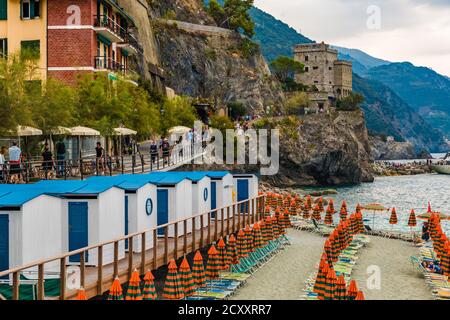 Close-up view of beach and promenade in Fegina, the modern part of Monterosso al Mare in the Cinque Terre area. The connection tunnel to the old town... Stock Photo