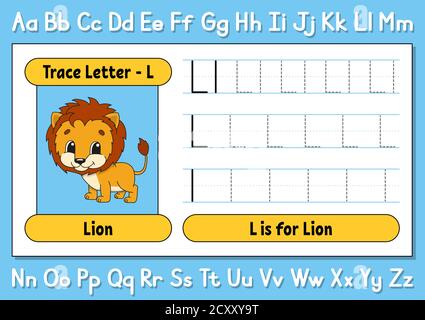 Trace letters. Writing practice. Tracing worksheet for kids. Learn alphabet. Cute character. Vector illustration. Cartoon style. Stock Vector