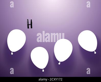 Set of halloween balloons with scary faces and halloween logo with cat in hat. Purple background. Greeting card, party invitation or sale banner Stock Vector