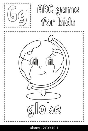 Letter G is for globe. ABC game for kids. Alphabet coloring page. Cartoon character. Word and letter. Vector illustration. Stock Vector