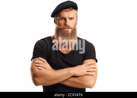 Serious young man with blond beard and mosutaches wearing a black beret hat isolated on white background