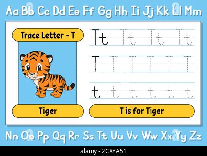 Trace letters. Writing practice. Tracing worksheet for kids. Learn alphabet. Cute character. Vector illustration. Cartoon style. Stock Vector