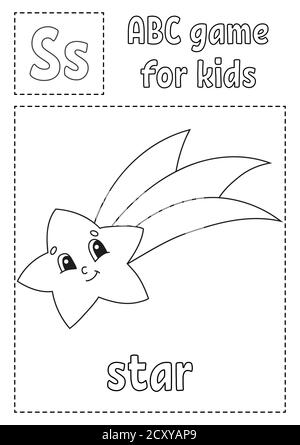 Letter S is for star. ABC game for kids. Alphabet coloring page. Cartoon character. Word and letter. Vector illustration. Stock Vector