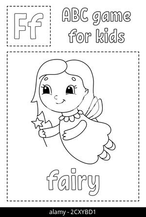 ABC game for kids. Alphabet coloring page. Cartoon character. Word and letter. Vector illustration. Stock Vector