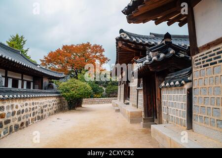 Korean traditional house with autumn maple leaves at Namsangol Hanok Village in Seoul, Korea Stock Photo